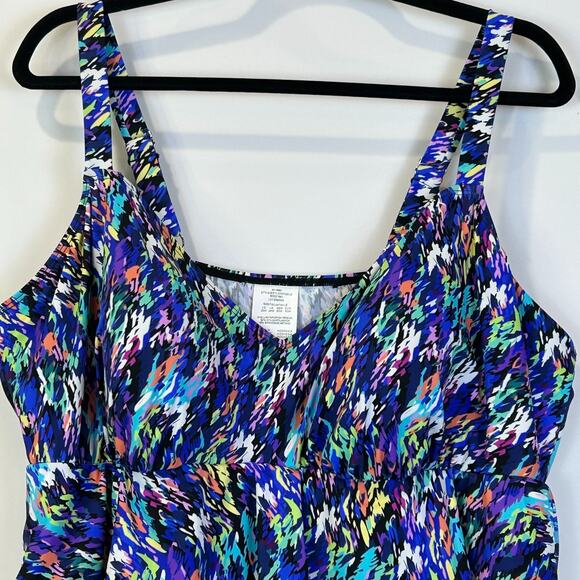 Swim Solutions Triple Tier Fauxknit One Piece Swimsuit Navy Multi Women 22W NWT - Picture 4 of 9